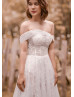 Off Shoulder Beaded Ivory Lace Tulle Side Split Wedding Dress